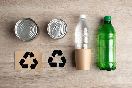 Recycle symbols show cans and plastic bottles ready for reuse.の素材