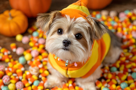 Halloween puppy wearing costume sits surrounded by colorful candy corn and pumpkinsの素材