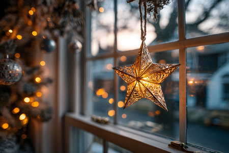 A shiny Christmas star hangs in the window overlooking a festive scene.の素材