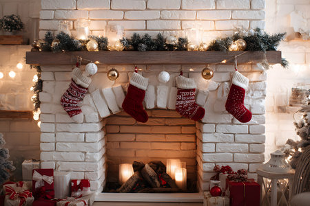 Christmas stockings hang on a fireplace with gifts below.の素材