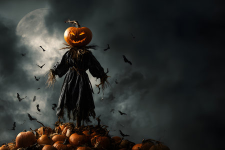 Halloween pumpkin scarecrow stands on a pile of pumpkins with bats flying around a spooky moon.の素材