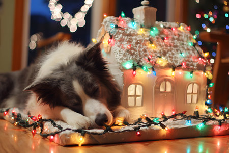 A dog sleeps near a Christmas house decorated with colorful lights.の素材