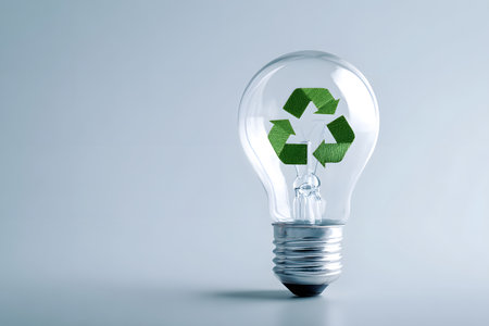 Light bulb shows green recycle symbol for sustainability.の素材