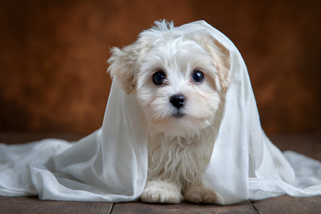 Cute small dog peeking out from white sheet on Halloween night.の素材