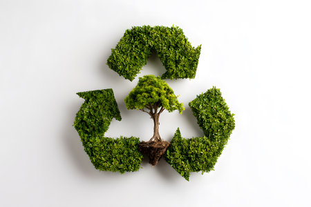 Green recycle symbol forming with small tree growing from roots.の素材