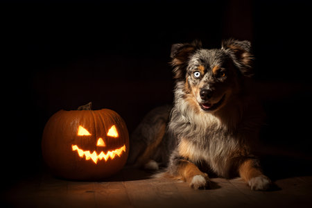 Dog sits near glowing Halloween pumpkin waiting for trick or treat.の素材