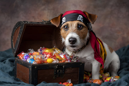 A pirate dog sits with a treasure chest full of candy.の素材