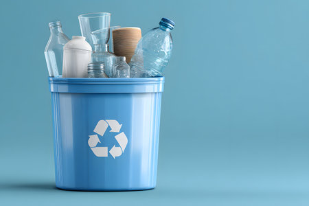 A blue bin collects glass and plastic items for recycling.の素材