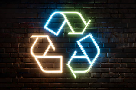 Recycle symbol glows bright with neon light against dark brick wall.の素材