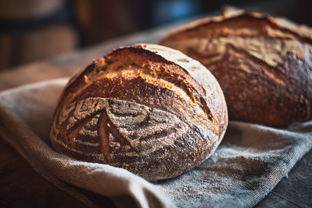 Fresh bakery bread rests on a linen cloth ready for serving.の素材