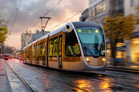 Modern tram moves along city tracks carrying passengers during dusk.の素材