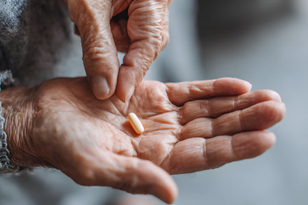 Hand holds one pill for taking medicine.の素材
