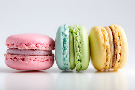 These colorful macarons are arranged neatly in a row.の素材