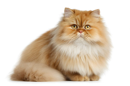 A fluffy Persian cat sits calmly on a pure white background, looking directly at the viewer with its round eyes.の素材