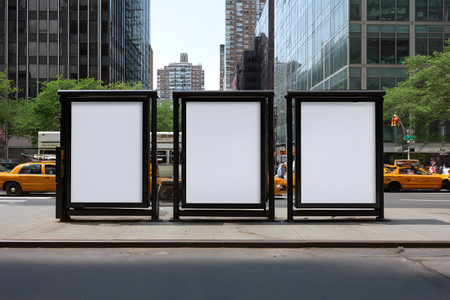 Three blank billboards stand ready on a city street.の素材