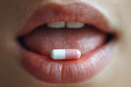 A pill rests on lips ready to be swallowedの素材