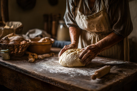 Baker shapes dough for fresh bread on a wooden table in a rustic bakery.の素材
