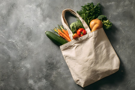A tote bag holds fresh vegetables, a healthy vegan food choice.の素材