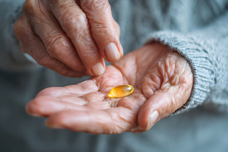 Elderly hand holds one yellow soft gel pill in palm for intake.の素材
