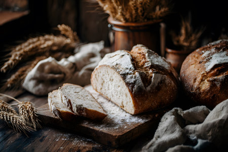Rustic bread rests on a board with wheat stalks nearby.の素材