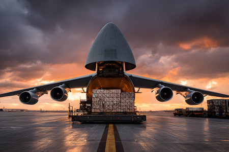 Giant cargo plane loads boxes for worldwide transportation.の素材