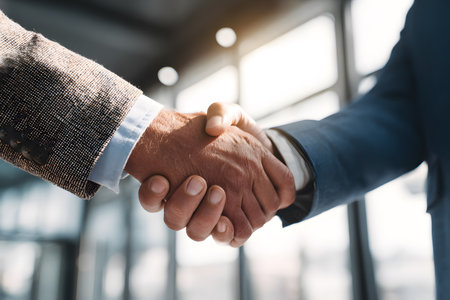 Two business hands shake in agreement indoors.の素材