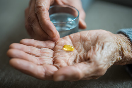 An aged hand holds a single pill ready for consumption.の素材