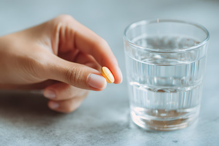 A hand holds a yellow pill next to a glass of clear water for taking medicine.の素材