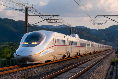 A fast train speeds along the tracks, showing modern transportation.の素材
