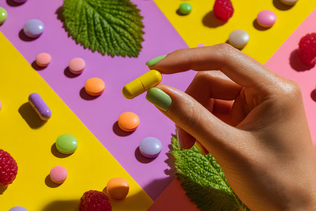 A hand holds a yellow pill surrounded by other colorful pills and fruit.の素材