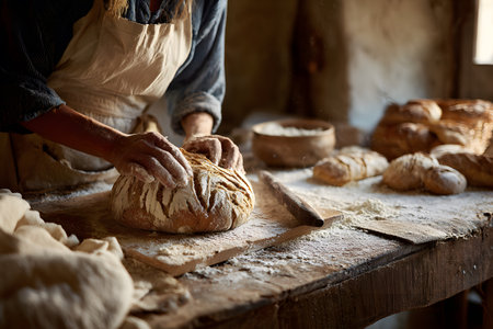 Bread is shaped by hands at a bakery creating fresh loaves on a flour dusted table.の素材