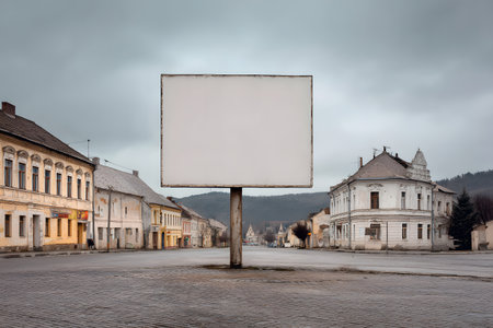 A blank billboard stands in the center of an old town square.の素材