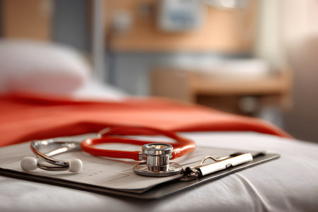 Doctor's stethoscope and chart rest on hospital bed.の素材