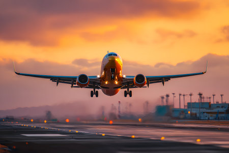 An airplane takes off into a vibrant sunset sky on the runway.の素材