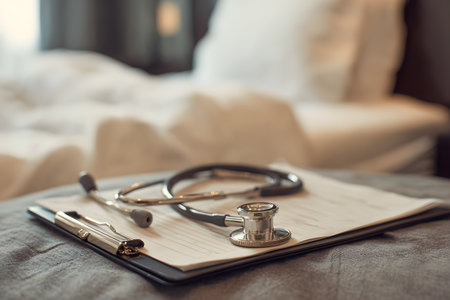A doctor&#39;s stethoscope rests on a medical chart on a bed.の素材