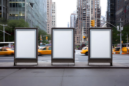 Three blank billboards stand on a city street.の素材