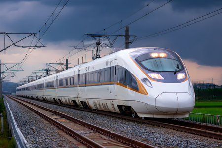 White high speed train travels on tracks with dark sky transportation.の素材