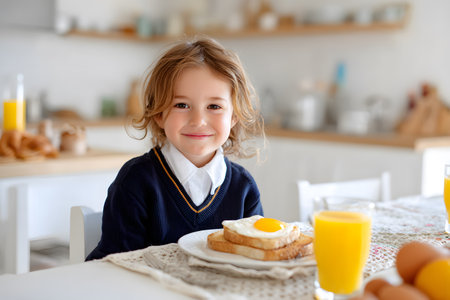 Happy kid enjoys breakfast at the kitchen table with juice and food.の素材