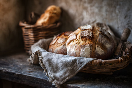 Bakery bread rests in a basket ready for sharing.の素材
