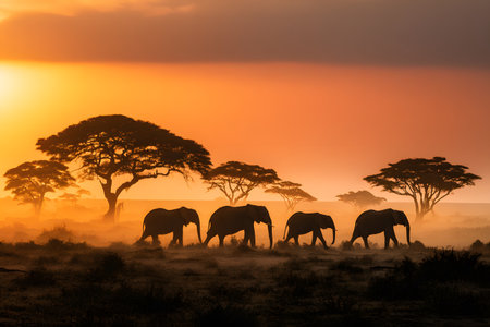 Elephants walk across the savanna landscape during a vibrant sunset.の素材
