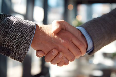 Business handshake represents agreement and partnership.の素材