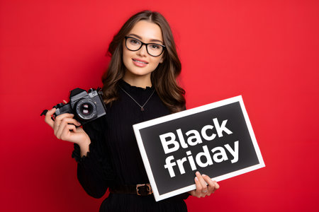 Black Friday sale event with a person holding a camera.の素材