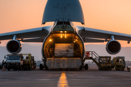 Cargo airplane loading goods during sunset for transportation.の素材
