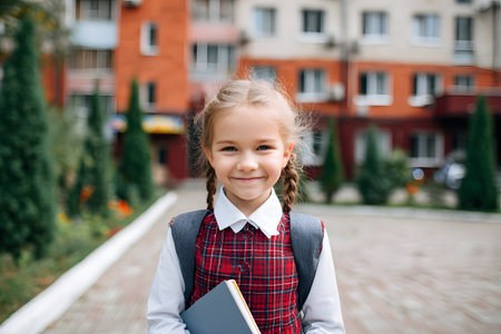 Happy kid with backpack holding a book outdoors stands smiling.の素材