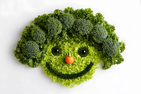 A happy face formed from fresh vegan vegetables and greens.の素材