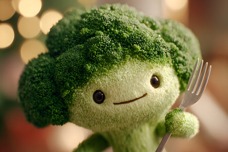 A happy vegan broccoli character holding a fork ready to eat.の素材
