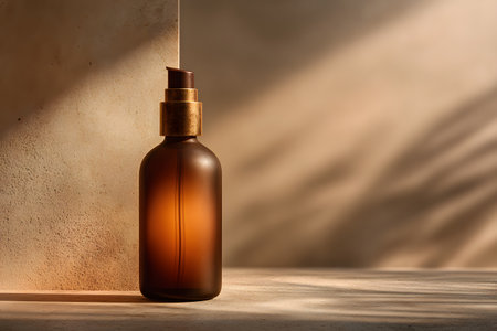 Amber bottle with gold pump sits in soft light.の素材