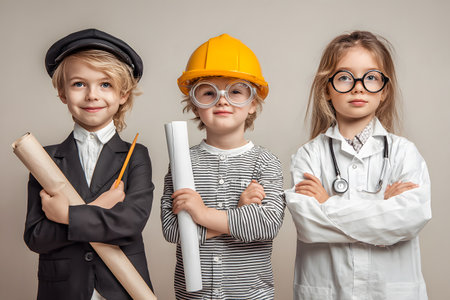 Three kids dressed as professionals stand with confident poses and hold relevant props.の素材
