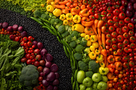 Vegan produce arranged in vibrant colorful rows.の素材