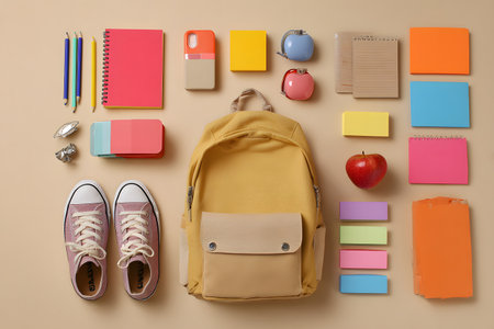 Kid backpack and supplies are laid out for school.の素材